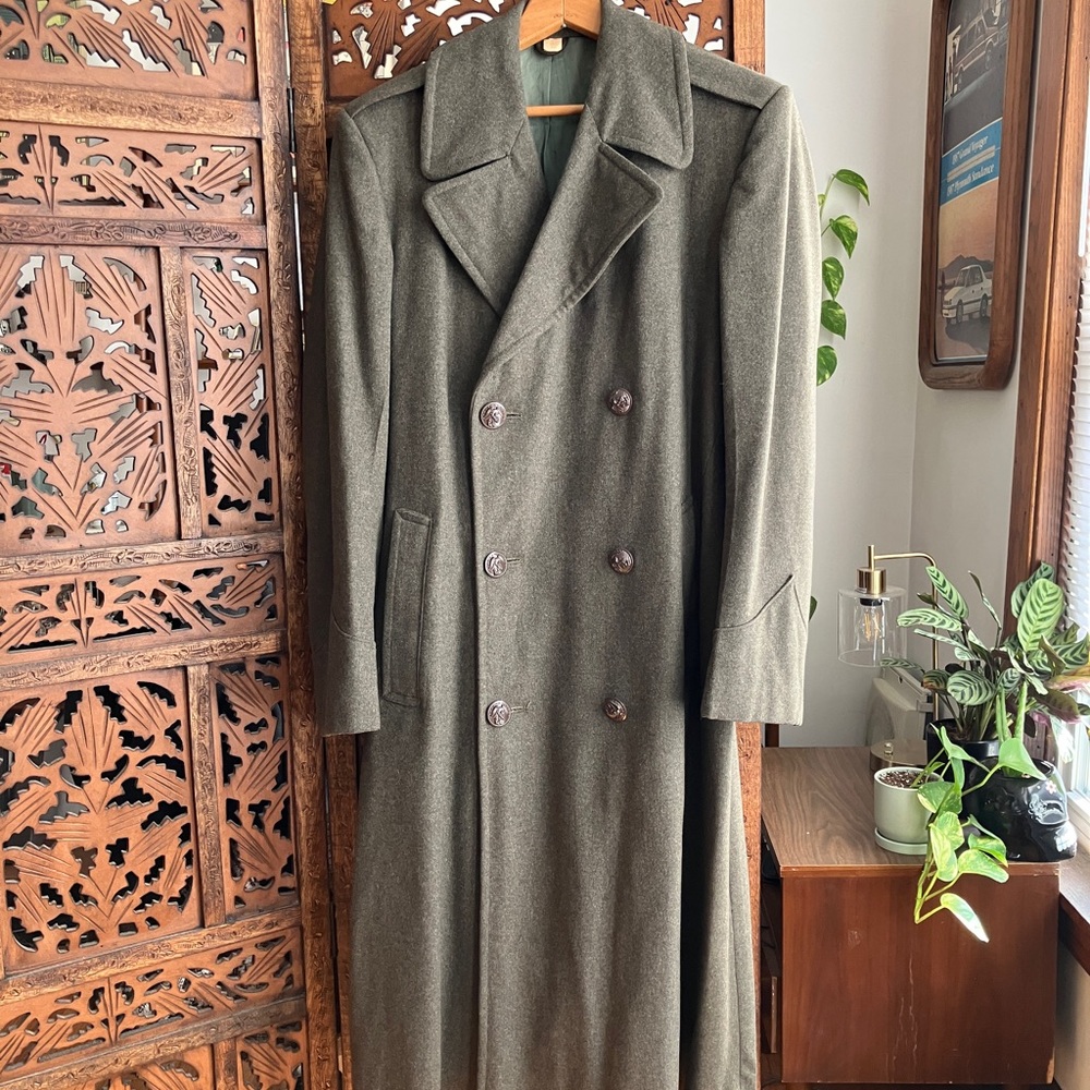 Vintage green wool mid century trench coat, military, 1950s - Picture 2 of 7